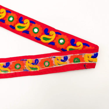 Red Floral Mirrored Trim With Orange Flowers And Yellow Paisley Embroidery, Decorative Trimming, Trim By 3 Yards